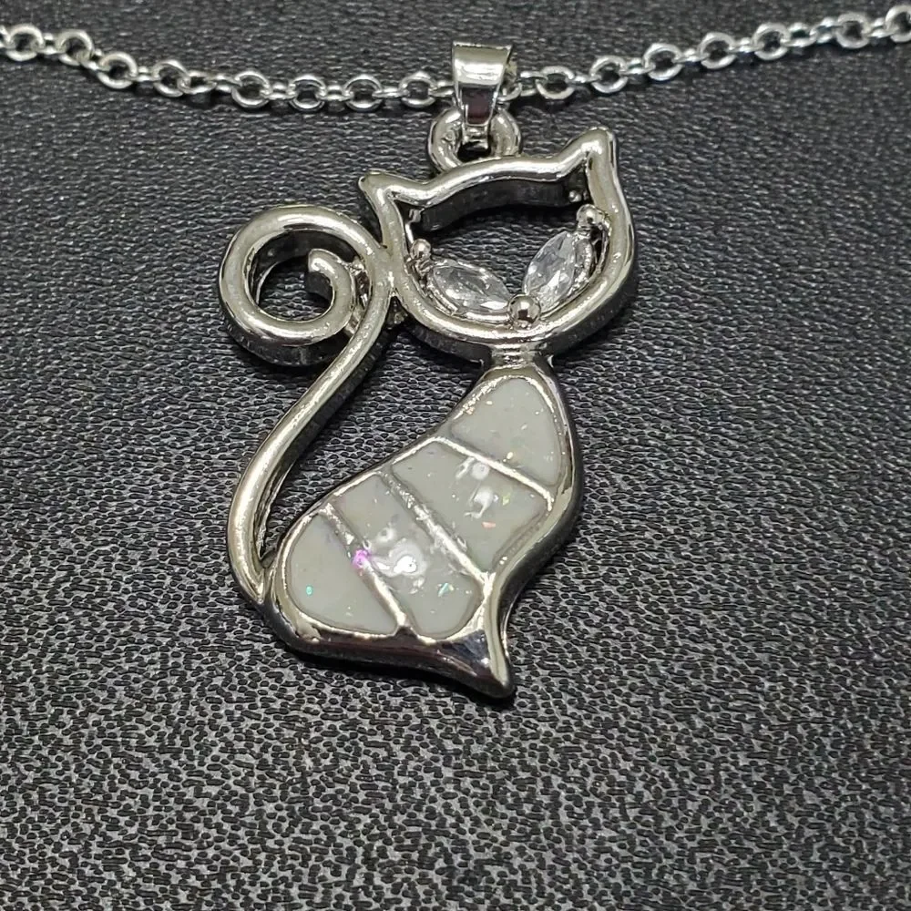 Silver tone glittery enamel cat jewelry set